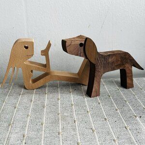 Wooden Girl And Dog Sculpture Figurine Set Desktop Table Shelf Decor